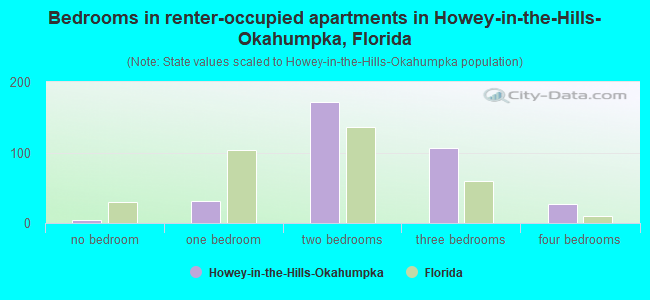 Bedrooms in renter-occupied apartments in Howey-in-the-Hills-Okahumpka, Florida