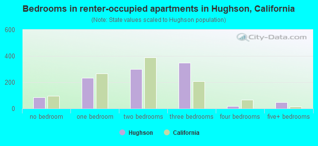 Bedrooms in renter-occupied apartments in Hughson, California