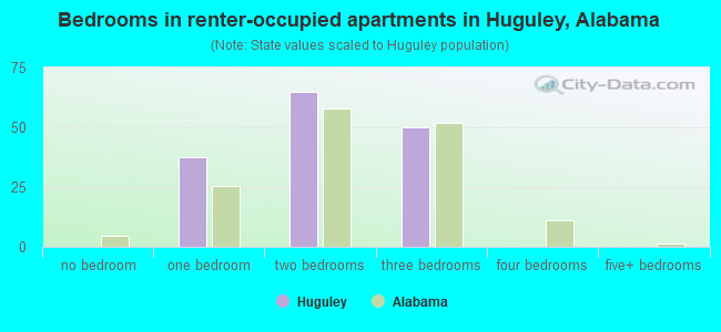 Bedrooms in renter-occupied apartments in Huguley, Alabama