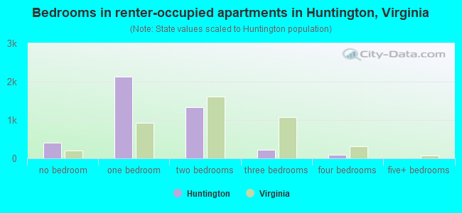 Bedrooms in renter-occupied apartments in Huntington, Virginia