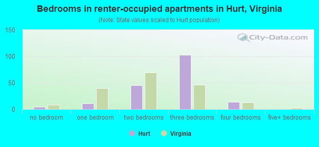 Bedrooms in renter-occupied apartments in Hurt, Virginia