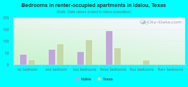 Bedrooms in renter-occupied apartments in Idalou, Texas