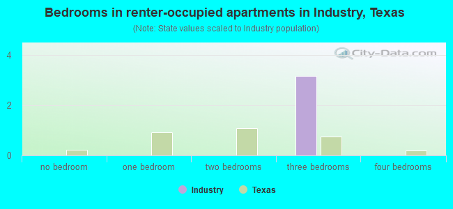 Bedrooms in renter-occupied apartments in Industry, Texas