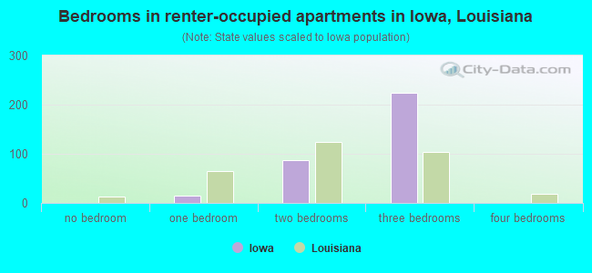 Bedrooms in renter-occupied apartments in Iowa, Louisiana