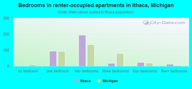 Bedrooms in renter-occupied apartments in Ithaca, Michigan