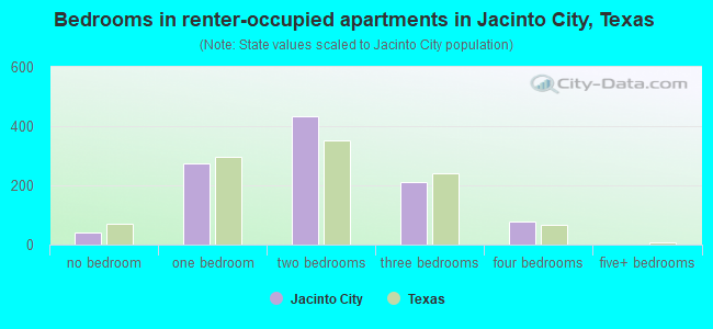 Bedrooms in renter-occupied apartments in Jacinto City, Texas