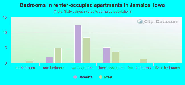Bedrooms in renter-occupied apartments in Jamaica, Iowa
