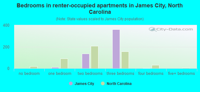 Bedrooms in renter-occupied apartments in James City, North Carolina