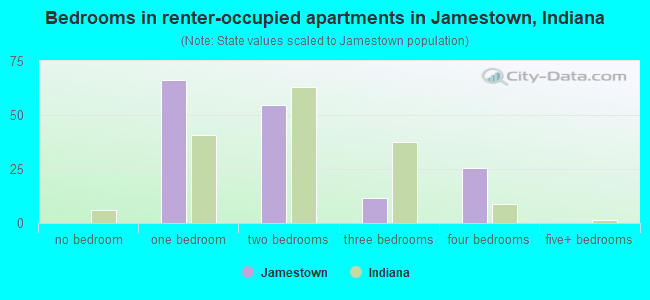 Bedrooms in renter-occupied apartments in Jamestown, Indiana