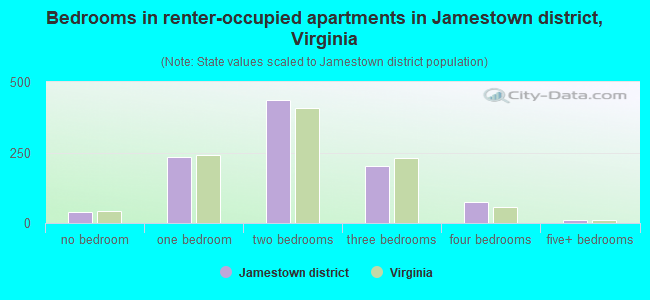 Bedrooms in renter-occupied apartments in Jamestown district, Virginia