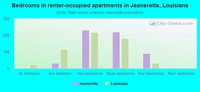 Bedrooms in renter-occupied apartments in Jeanerette, Louisiana