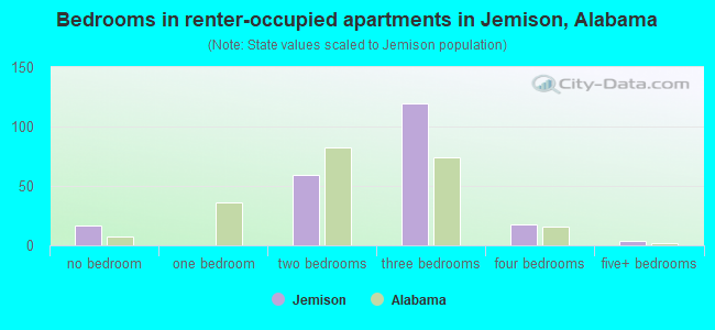 Bedrooms in renter-occupied apartments in Jemison, Alabama