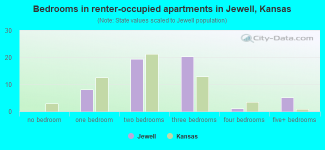 Bedrooms in renter-occupied apartments in Jewell, Kansas