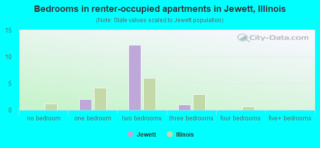 Bedrooms in renter-occupied apartments in Jewett, Illinois