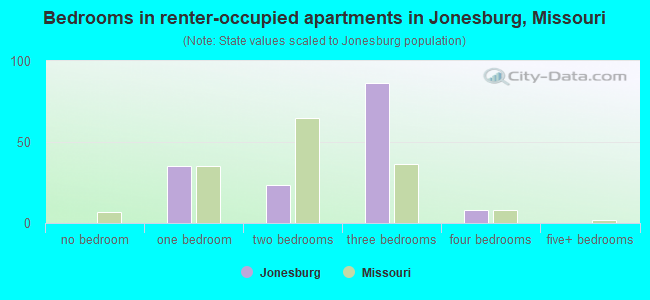 Bedrooms in renter-occupied apartments in Jonesburg, Missouri