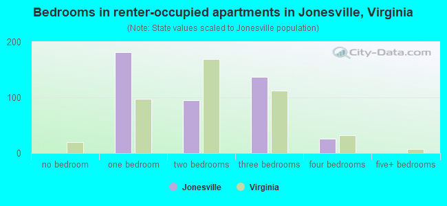 Bedrooms in renter-occupied apartments in Jonesville, Virginia