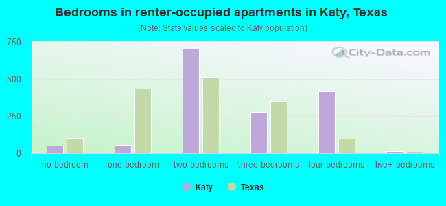 Bedrooms in renter-occupied apartments in Katy, Texas