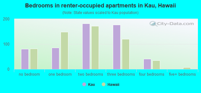 Bedrooms in renter-occupied apartments in Kau, Hawaii