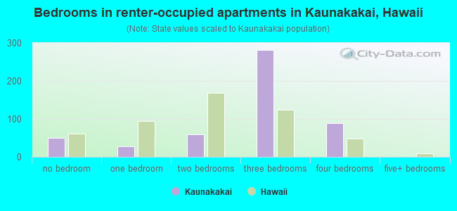 Bedrooms in renter-occupied apartments in Kaunakakai, Hawaii