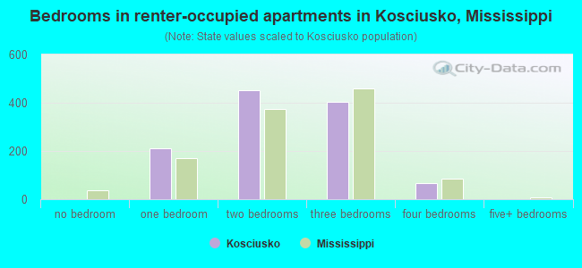 Bedrooms in renter-occupied apartments in Kosciusko, Mississippi