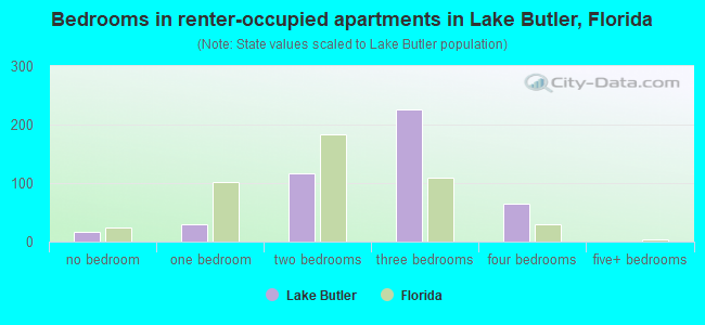 Bedrooms in renter-occupied apartments in Lake Butler, Florida