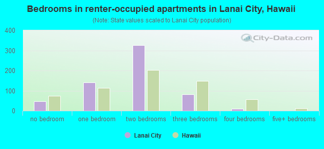 Bedrooms in renter-occupied apartments in Lanai City, Hawaii