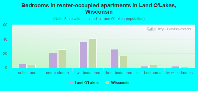 Bedrooms in renter-occupied apartments in Land O'Lakes, Wisconsin
