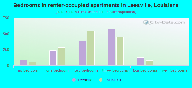 Bedrooms in renter-occupied apartments in Leesville, Louisiana