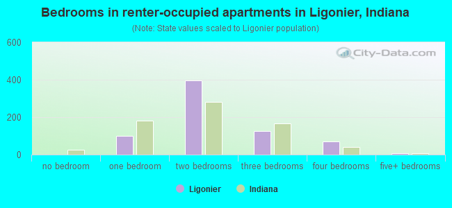Bedrooms in renter-occupied apartments in Ligonier, Indiana