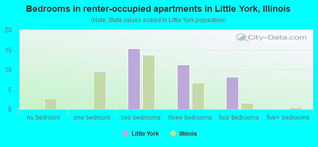 Bedrooms in renter-occupied apartments in Little York, Illinois