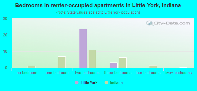 Bedrooms in renter-occupied apartments in Little York, Indiana