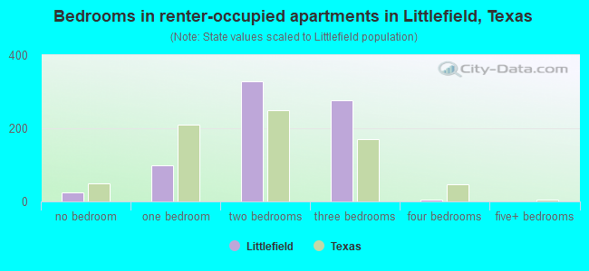 Bedrooms in renter-occupied apartments in Littlefield, Texas