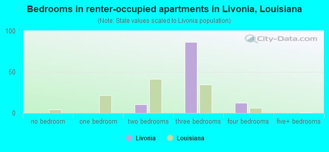 Bedrooms in renter-occupied apartments in Livonia, Louisiana