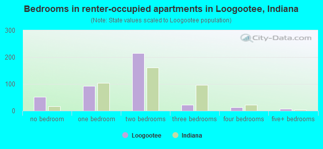 Bedrooms in renter-occupied apartments in Loogootee, Indiana