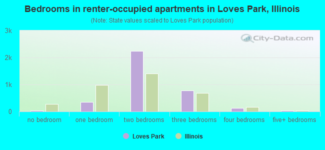 Bedrooms in renter-occupied apartments in Loves Park, Illinois