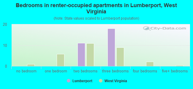Bedrooms in renter-occupied apartments in Lumberport, West Virginia