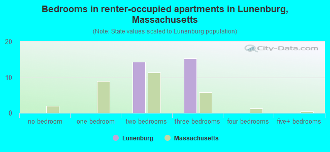 Bedrooms in renter-occupied apartments in Lunenburg, Massachusetts