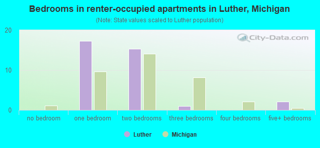 Bedrooms in renter-occupied apartments in Luther, Michigan