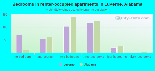 Bedrooms in renter-occupied apartments in Luverne, Alabama