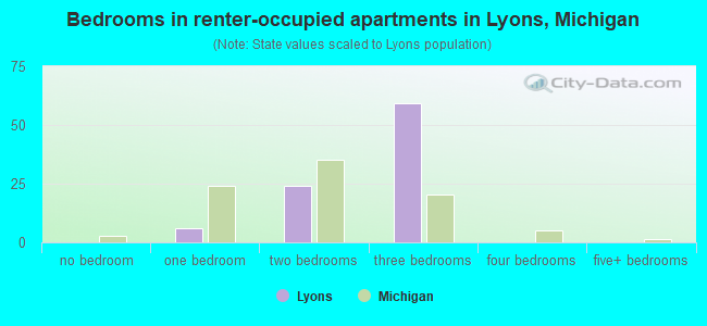 Bedrooms in renter-occupied apartments in Lyons, Michigan
