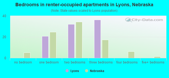 Bedrooms in renter-occupied apartments in Lyons, Nebraska