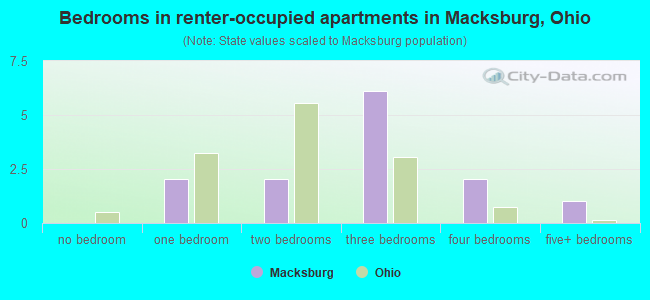 Bedrooms in renter-occupied apartments in Macksburg, Ohio