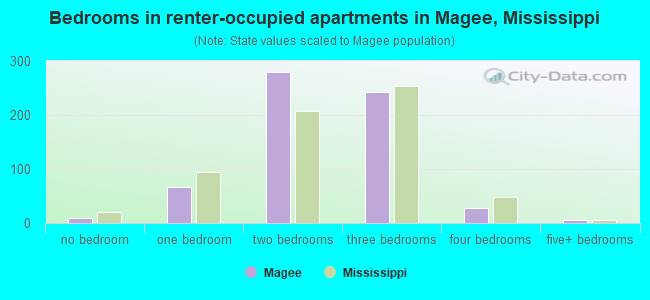 Bedrooms in renter-occupied apartments in Magee, Mississippi