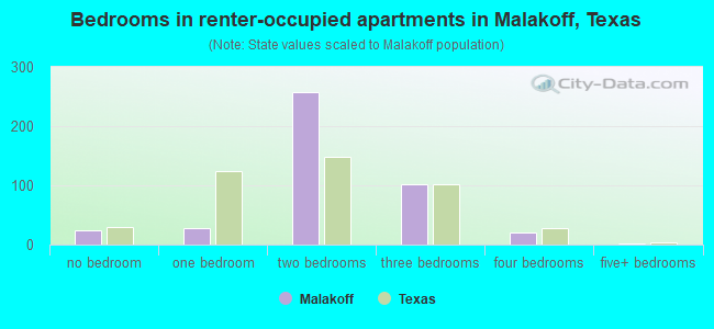 Bedrooms in renter-occupied apartments in Malakoff, Texas