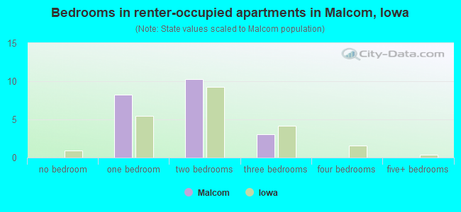 Bedrooms in renter-occupied apartments in Malcom, Iowa