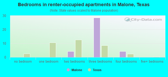 Bedrooms in renter-occupied apartments in Malone, Texas