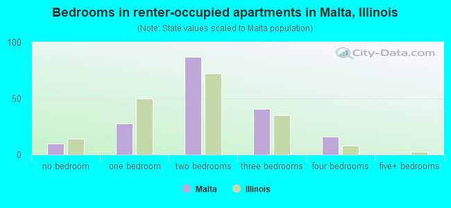 Bedrooms in renter-occupied apartments in Malta, Illinois