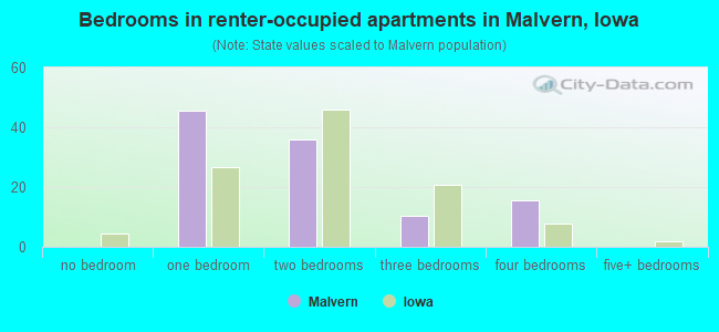 Bedrooms in renter-occupied apartments in Malvern, Iowa