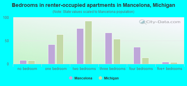 Bedrooms in renter-occupied apartments in Mancelona, Michigan