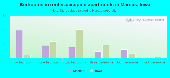 Bedrooms in renter-occupied apartments in Marcus, Iowa
